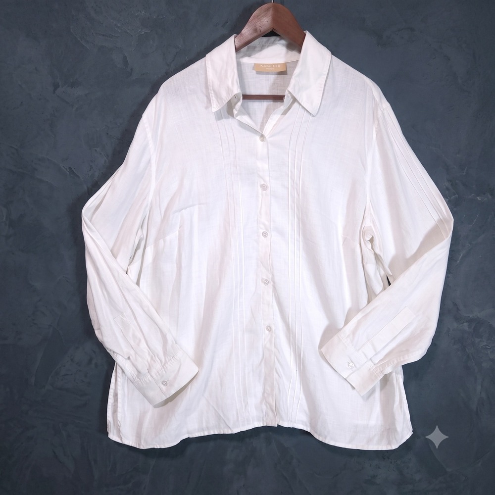Kate Hill 100% Linen Roll Tab Shirt Woman 1X Off White Pintuck Lagenlook Y2K